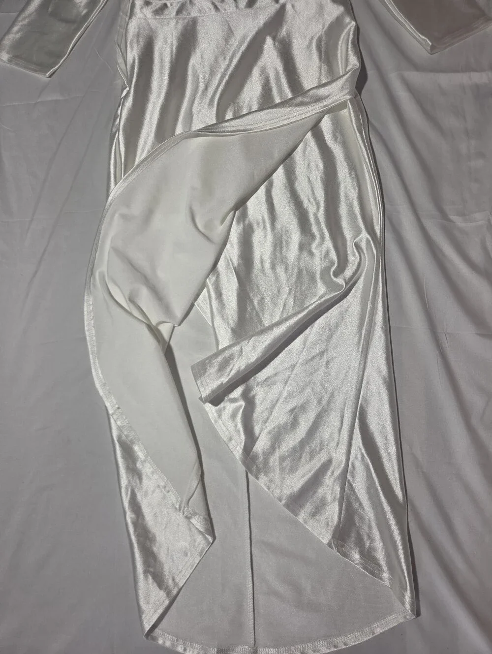 White Satin Long Sleeve V-Neck Wrap Midi Dress with High Low Hem